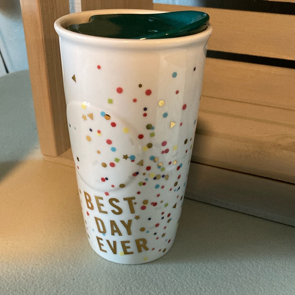 Starbucks White Tumbler with Colorful Confetti and Green Lid - Picture 2 of 5